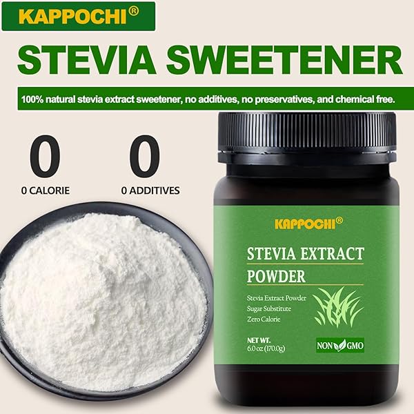 KAPPOCHI STEVIA POWDER, PURE STEVIA POWDER, 6.0OZ(170.0G), GREAT PLANT BASED SUGAR SUBSTITUTE, ZERO CALORIE SWEETENER