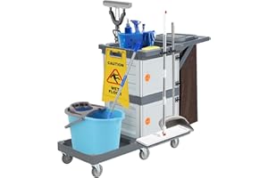 WARMTOBABY Commercial Janitorial Cart, 3-Shelf Housekeeping Cleaning Cart with 2 Cabinet, Wheels, Cover, Shelves, and Oxford Bag, Traditional Janitorial Cart for School Hotel Apartment