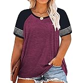 ROSRISS Plus-Size-Tops for Women Summer Short Sleeve Raglan Color Block Striped T-Shirts