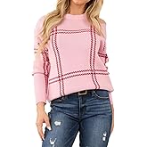 Women's Casual Long Sleeve Knit Sweater Trendy Tops Winter Fall Winter Crew Neck Pink Plaid Pattern