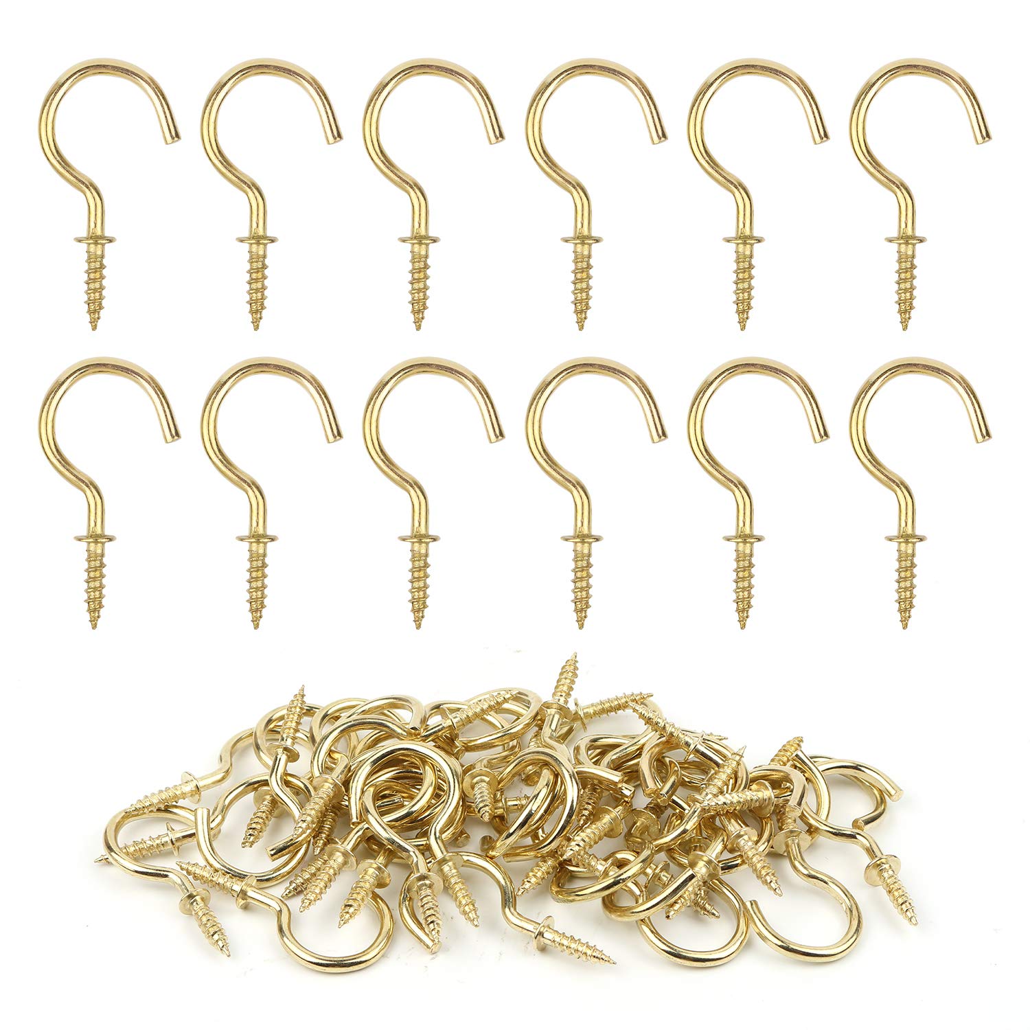 GODLOVEM 40 Pieces Brass Plated Metal Screw-in Ceiling Hooks Cup Hooks, 1.46 Inch, Gold