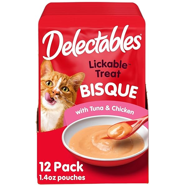 DELECTABLES BISQUE LICKABLE WET CAT TREATS – TUNA & CHICKEN, 1.4 OZ (PACK OF 12)