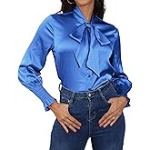 Satin Blouses for Women Dressy Smocked Long Sleeve Bow Tie Neck Shirts Casual Work Tops
