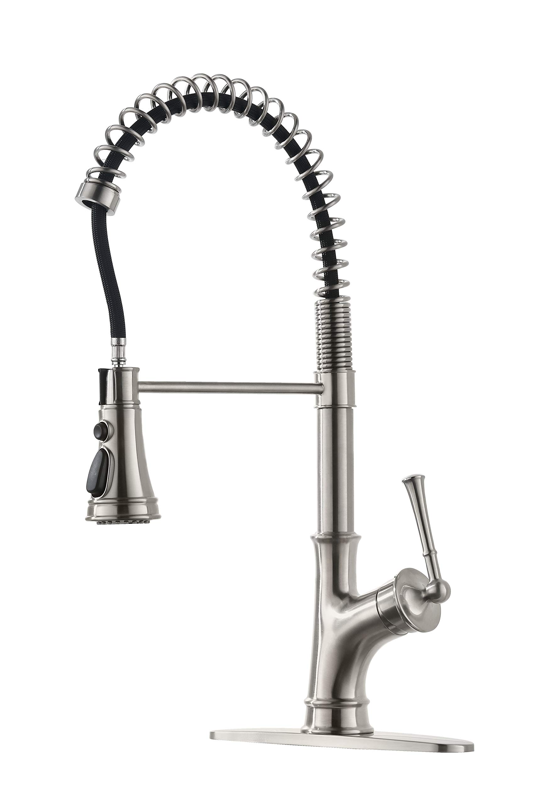 APPASO Commercial Spring Kitchen Faucet with Pull Down Sprayer Solid Brass Brushed Nickel, Single Handle One Hole High Arc Kitchen Sink Faucet with Deck Plate