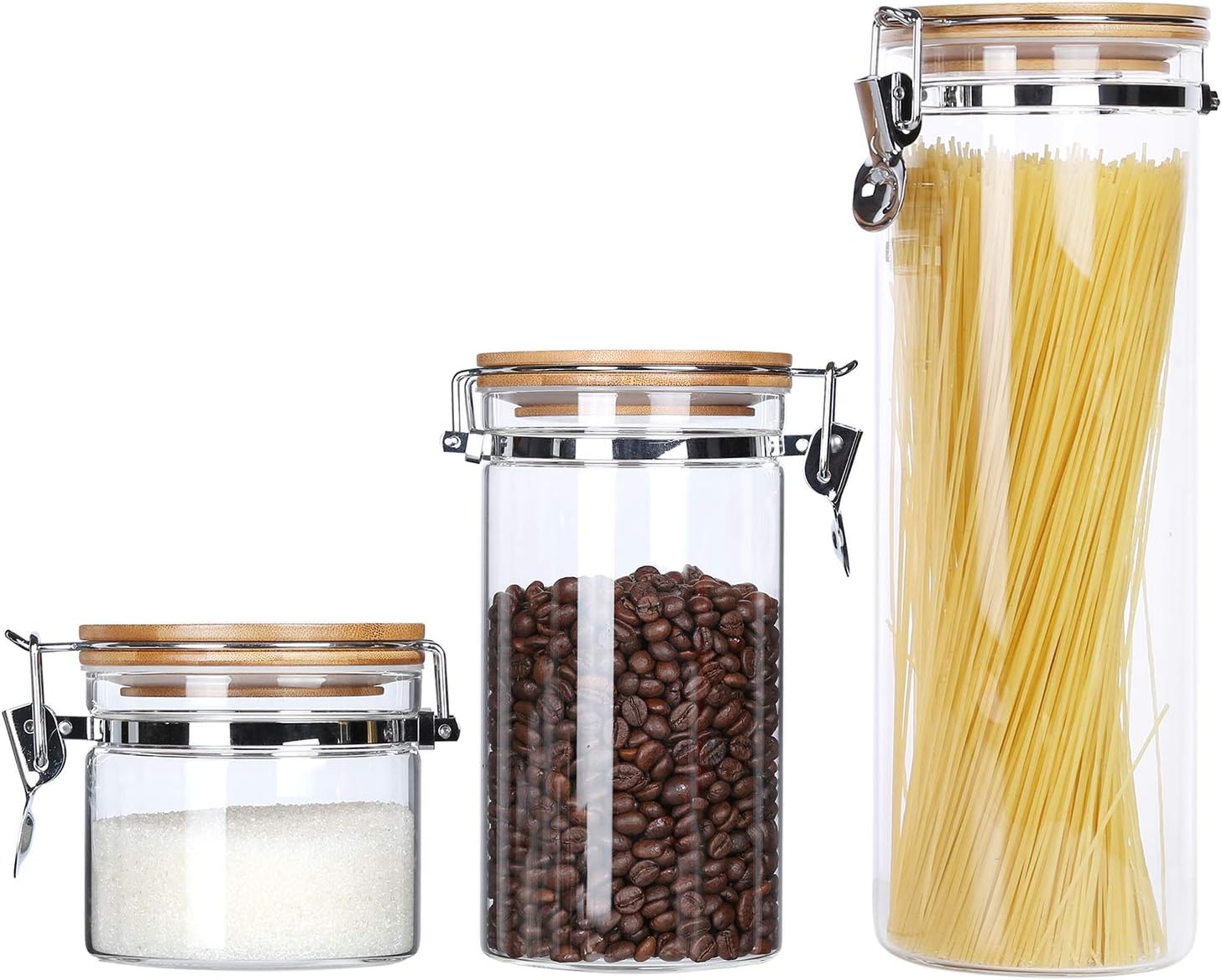 KKC Glass Spaghetti Jars,Pasta Storage Containers with Aritight Lids,Sealed Glass Containers with Bamboo Lids for Kitchen,Airtight Food Storage Jars for Noodle,Coffee,Loose Tea,Flour Sugar,Pack of 3