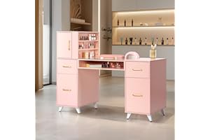 Henf Manicure Table Nail Makeup Desk Station, Modern Storage Beauty Salon Workstation Nail Station Desk Nail Art Equipment with Drawers & Cabinets & Side Shelves (Pink)