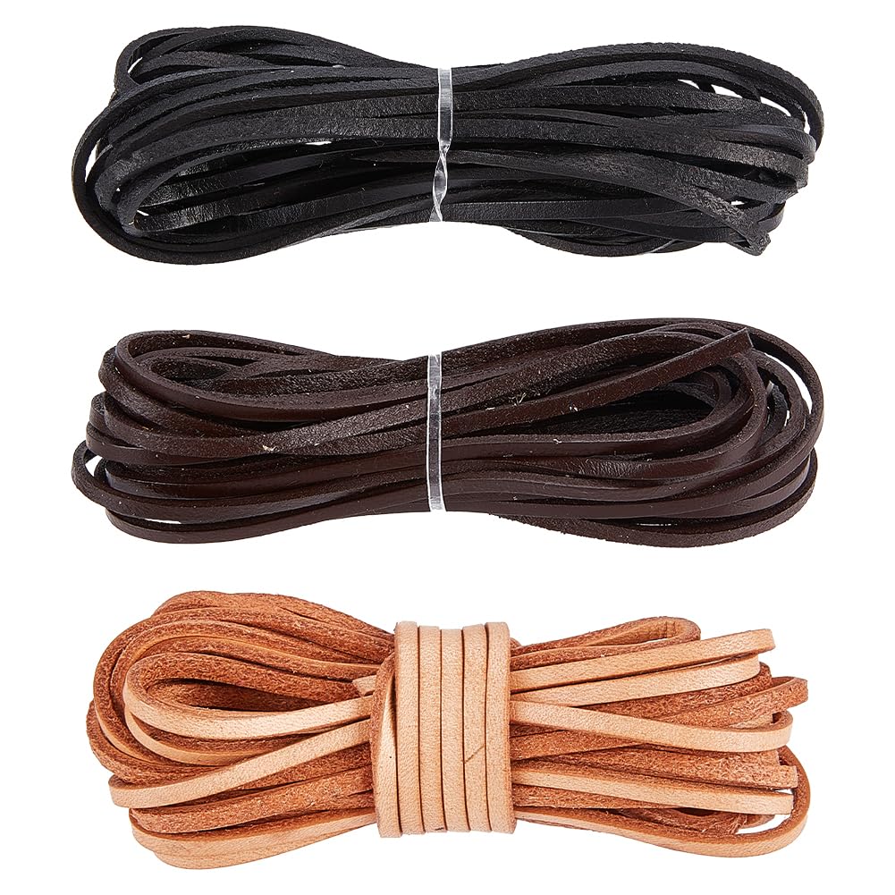 GORGECRAFT 3 Rolls 5M x 3mm Flat Leather Cord Genuine Leather Strip 2mm Thick Cowhide Leather String Braiding Thread Rope for Bracelets Neckacle Beading Jewellery Making Boot Lace Belts DIY Crafts