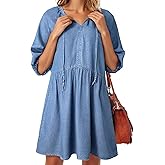 Dokotoo Denim Dress for Women Short Puff Sleeve V Neck Solid Babydoll Jean Dresses