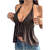SOLY HUX Women's Halter Deep V Neck Tie Front Crop Top Summer Going Out Sleeveless Flowy Camisole Shirts