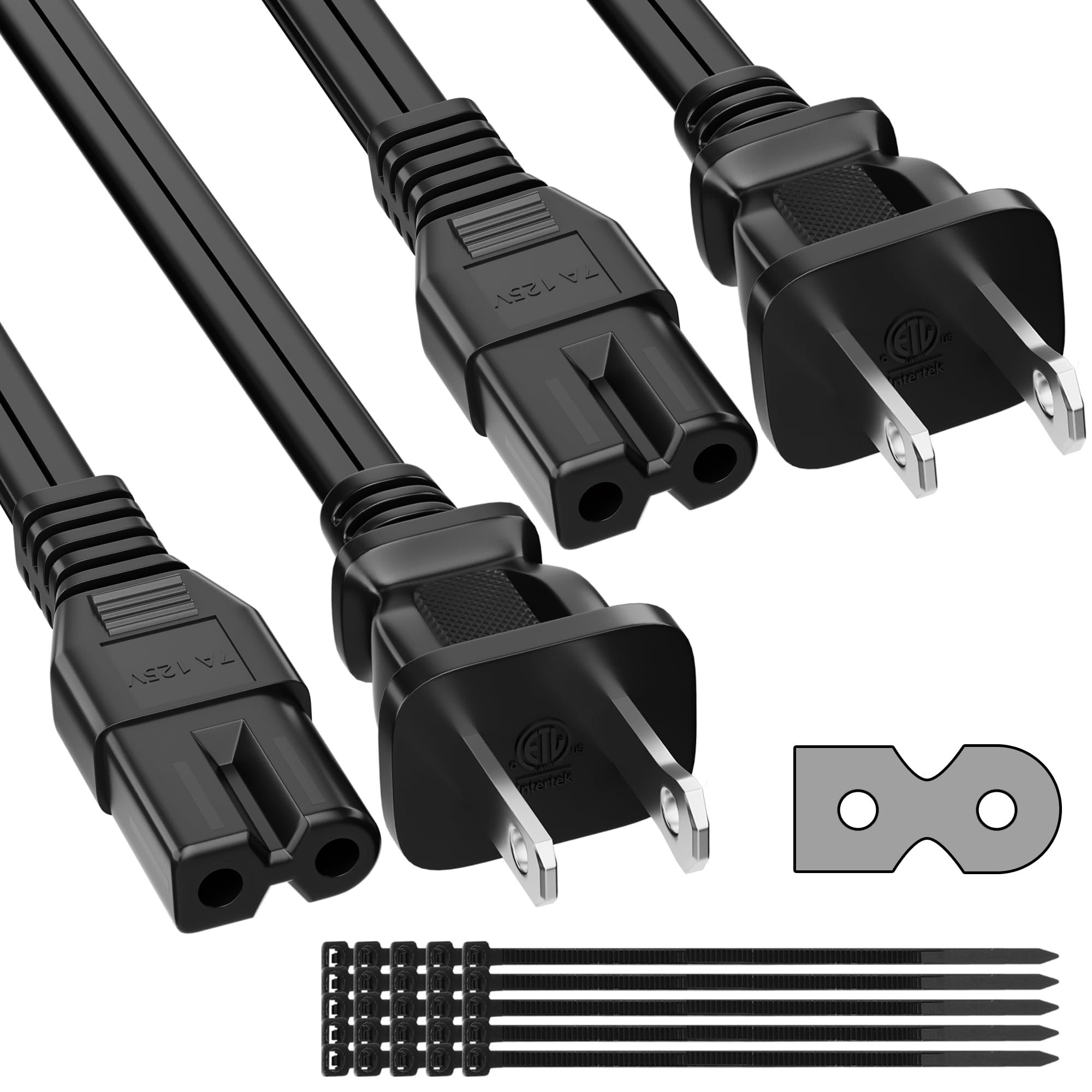 Photo 1 of 2 Prong AC Power Cord 10FT (2-Pack), Polarized Cable for Vizio D-E-M-Series HDTV, LED LCD TV, 7A, IEC-60320 IEC320 C7 to NEMA 1-15P, 2 Slot Adapter Universal Replacement Supply Wall Cable with 25 ties