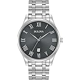 Bulova Men's Classic Stainless Steel 3-Hand Date Calendar Quartz Watch, Grey Dial with Roman Numeral Markers Style: 96B261