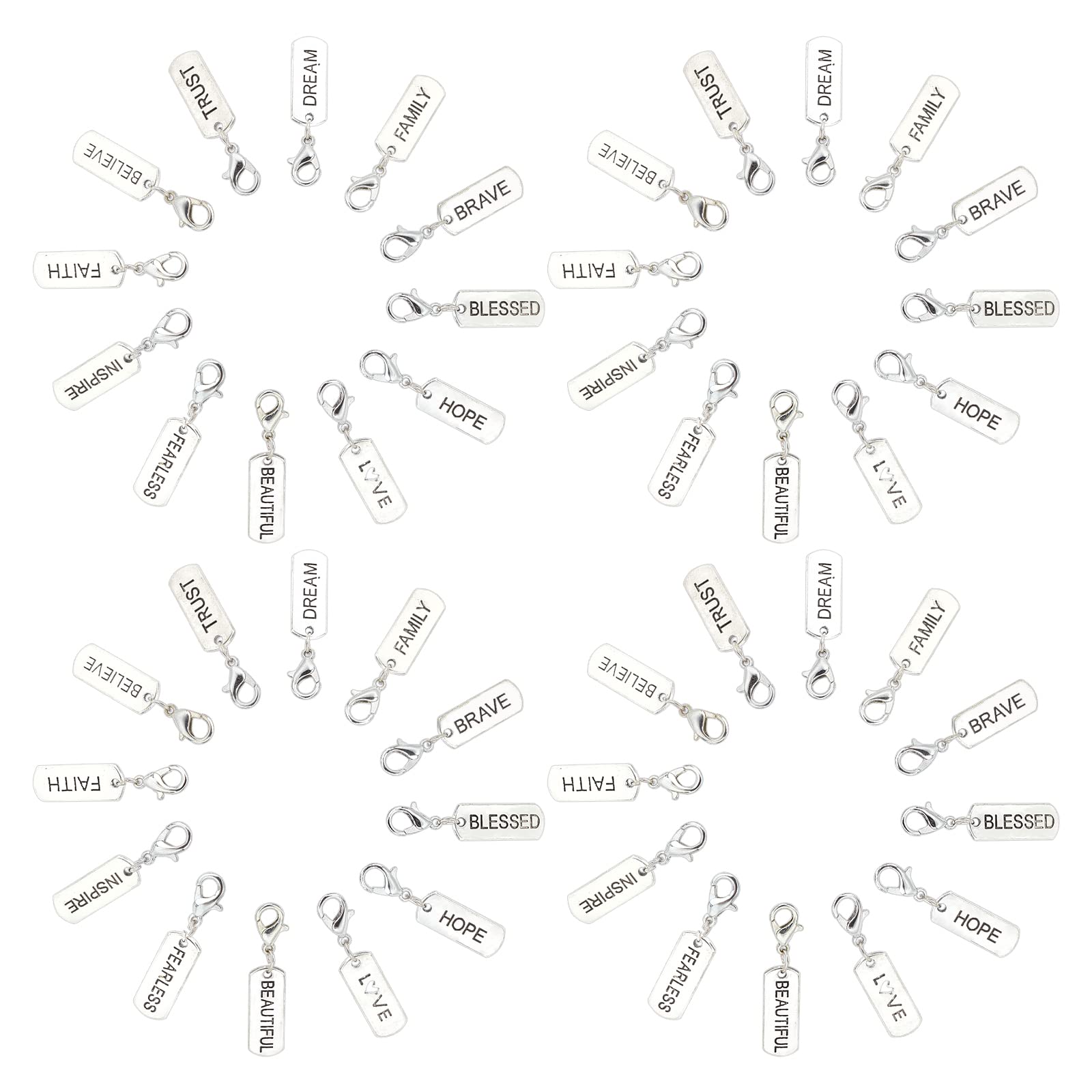 SUNNYCLUE 1 BOX 48Pcs 12 Styles Word Charm Pendants Alloy Engraved Motivational Inspiration Rectangle Pendant Tibetan Style Lobster Clasps for Jewelry Making Charms Bracelets Supplies, Antique Silver