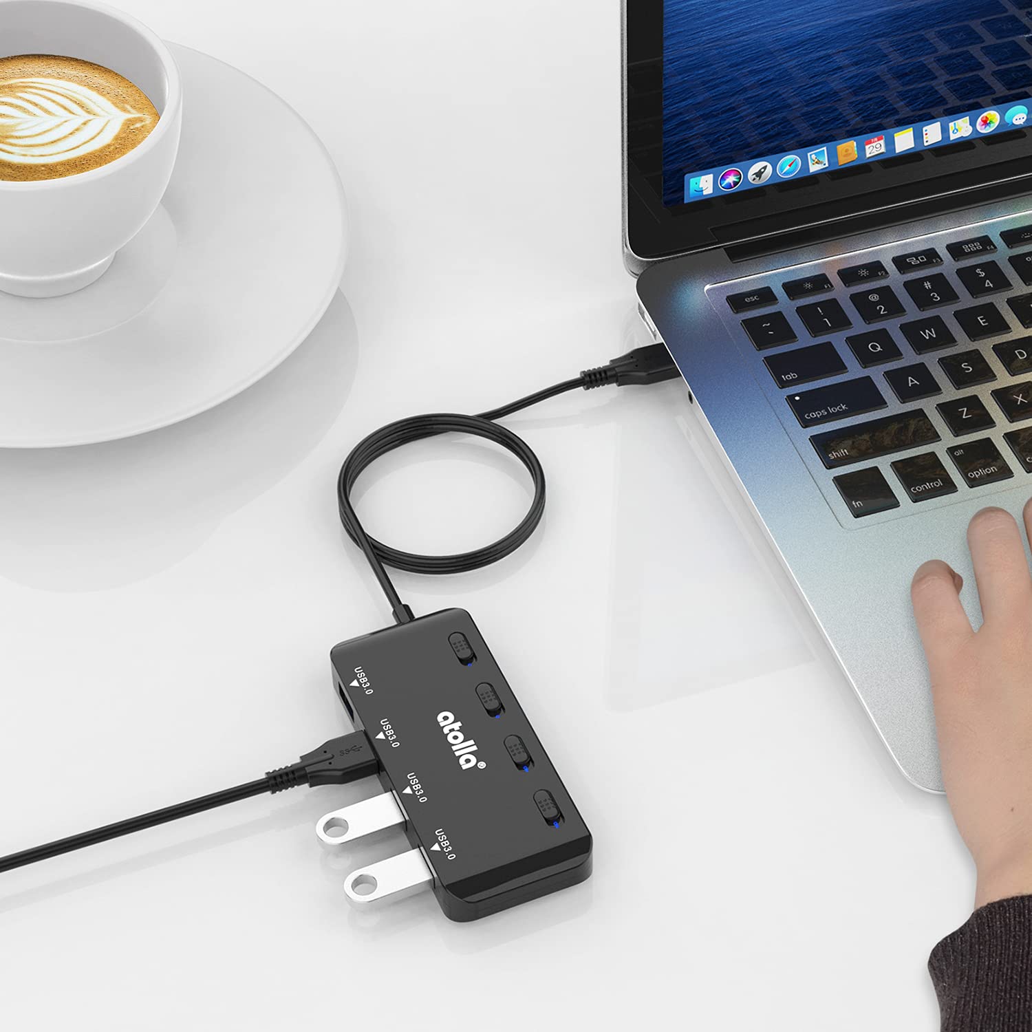 atolla USB Hub mit 4 USB 3.0 Ports, 60cm Kabel, Ultra dünn USB Verteiler mit einzelnen Power Schalter und LEDs für PC, Mac Pro/Mini, iMac, MacBook Air, Surface Pro, Flash Drives, Mobile HDD 7