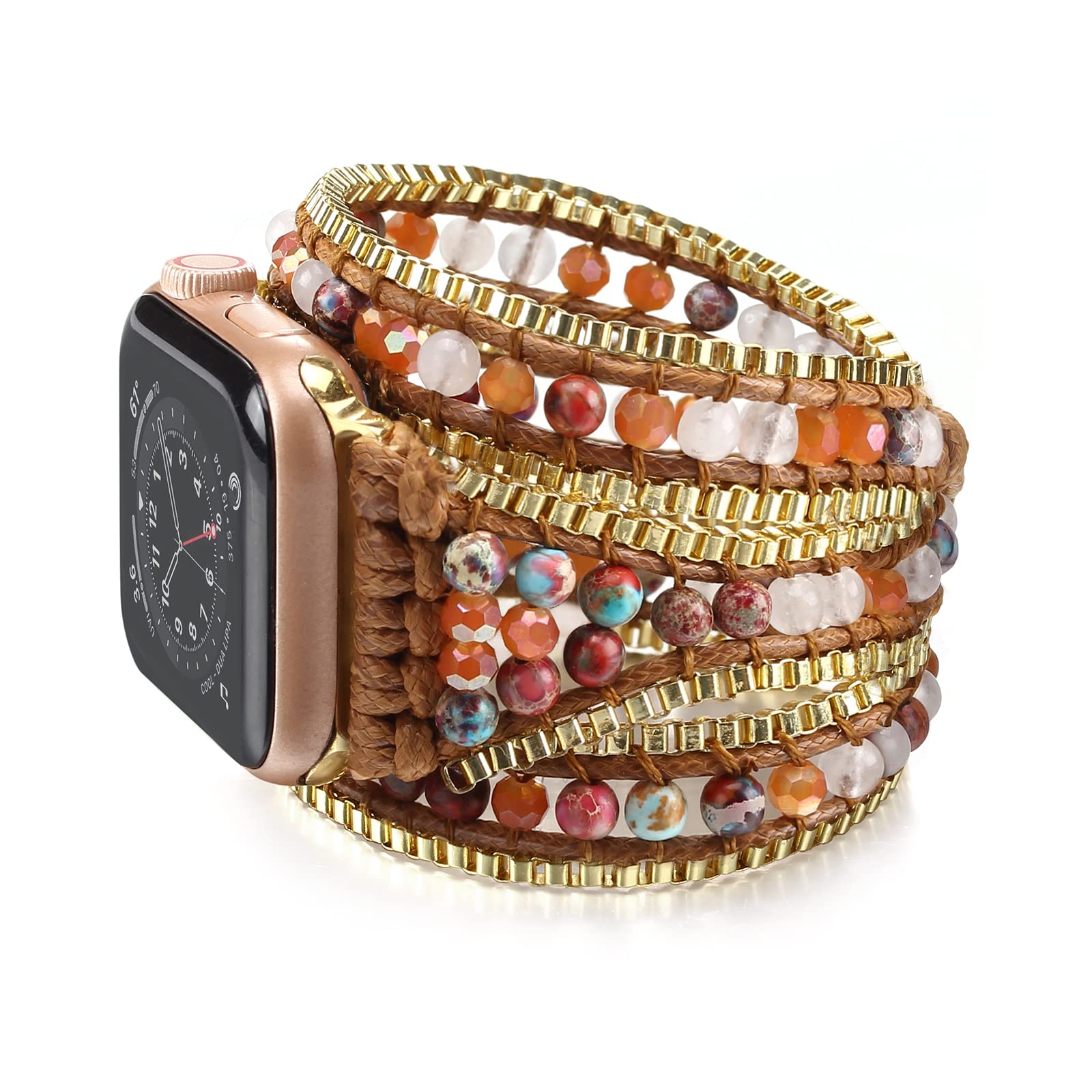 Wingoden Boho Bracelet Compatible with Apple Watch Band Beaded 41mm/38mm/40mm Natural Stone iWatch Band Multilayer Wrap Apple Watch Strap Ultra Series 8/7/6/5/4/3/2/1/SE, Fuchsia Jasper