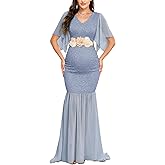 AISWI Maternity Lace Mermaid Dress V Neck Handkerchief Sleeve Chiffon Maxi Gown for Wedding Guest Photoshoot Baby Shower