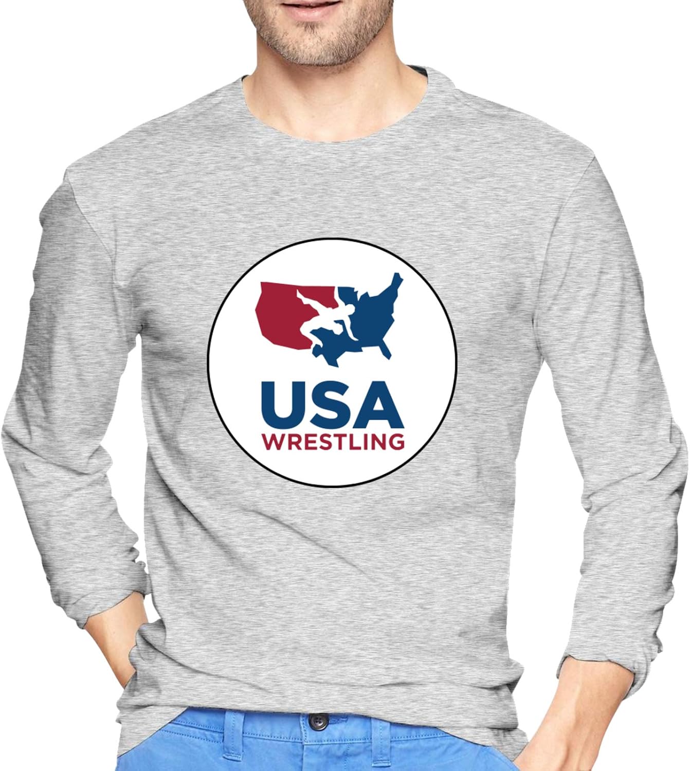 HDOLUICQR USA Wrestling Mens Long Sleeve TShirt Round Neck Tees for Hiking Cotton
