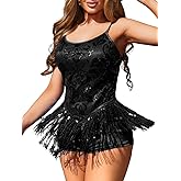 ShawGobow Sequin Fringe Bodysuit,Sparkly Rompers For Women,Glitter Concert Dance Costume Rave Outfits