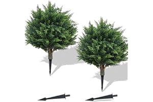 PATIO CHOICE Artificial Cypress Topiary Ball Trees with Ground Spike Set of 2 16" Outdoor Faux Cedar Plants Realistic Fake Bushes Lifelike Shrubs Christmas Decorations for Outdoor Indoor Front Porch Garden