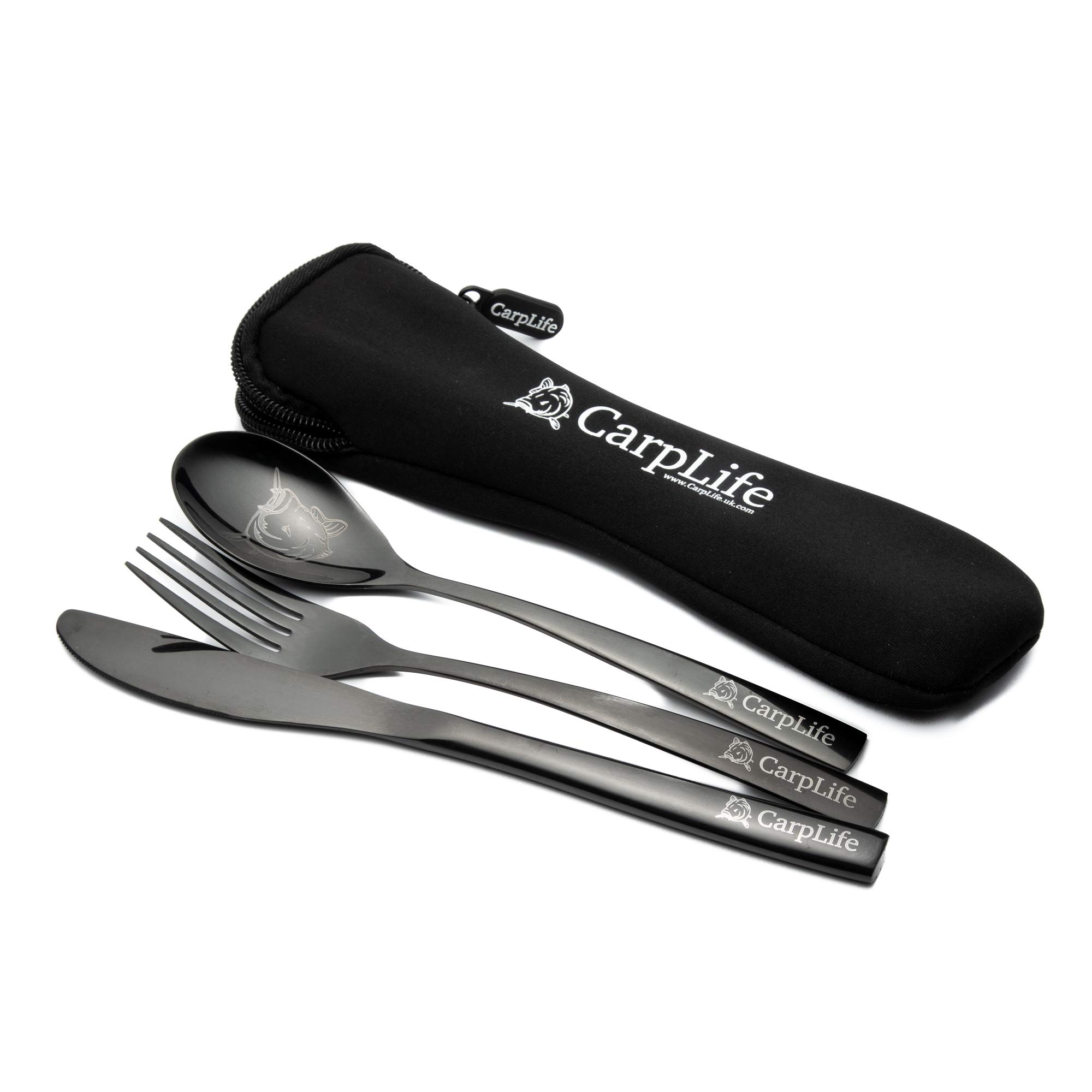 CarpLife Black Stainless Steel Cutlery Set for 1 - Travel Portable Outdoor Fishing Cutlery Set for 1 - Camping Eating Utensils with Etched Design and Neoprene Case