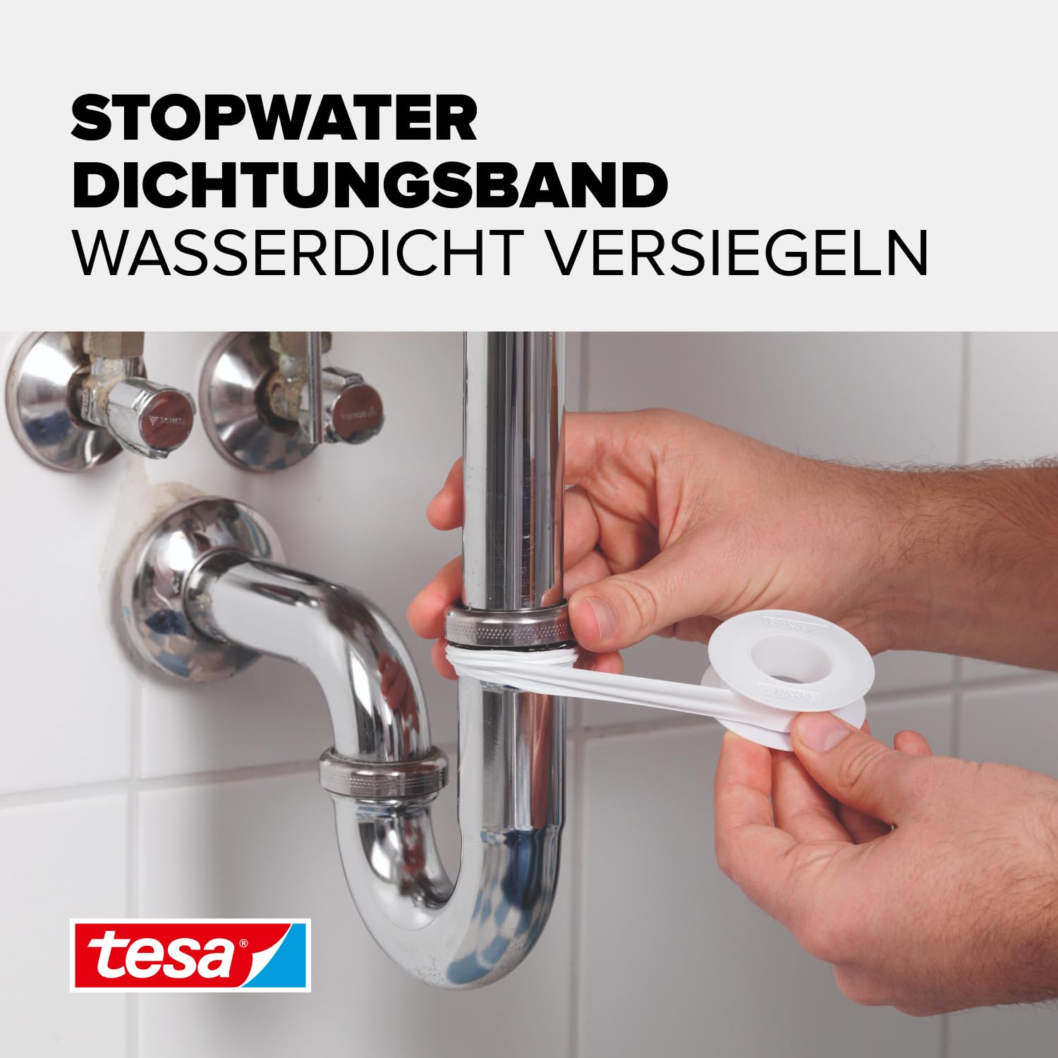tesa Dichtungsband StopWater, wasserfestes Abdichten, Druckbeständigkeit bis zu 6 bar, einfache Anwendung, 12m x 12mm, weiss 2
