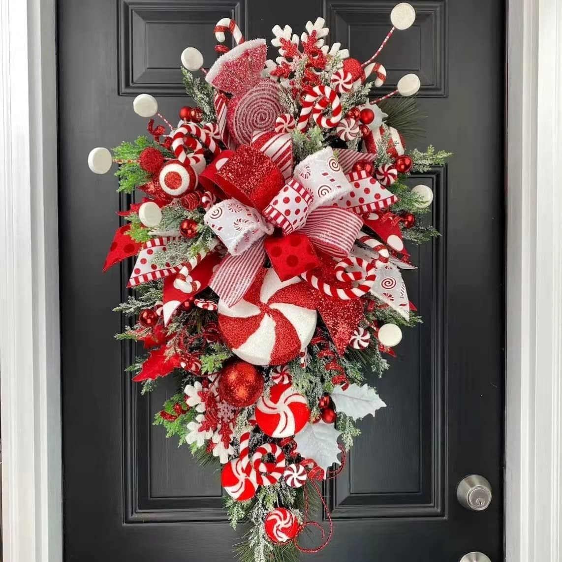 Wreaths, Garlands & Swags - Christmas Candy Cane Wreath for Front Door Red White Teardrop Swag Candy Cane Christmas Stairway Decorations Christmas Wreath with Candy Cand Christmas Ball Onrnament for Home Indoor Decor (A)