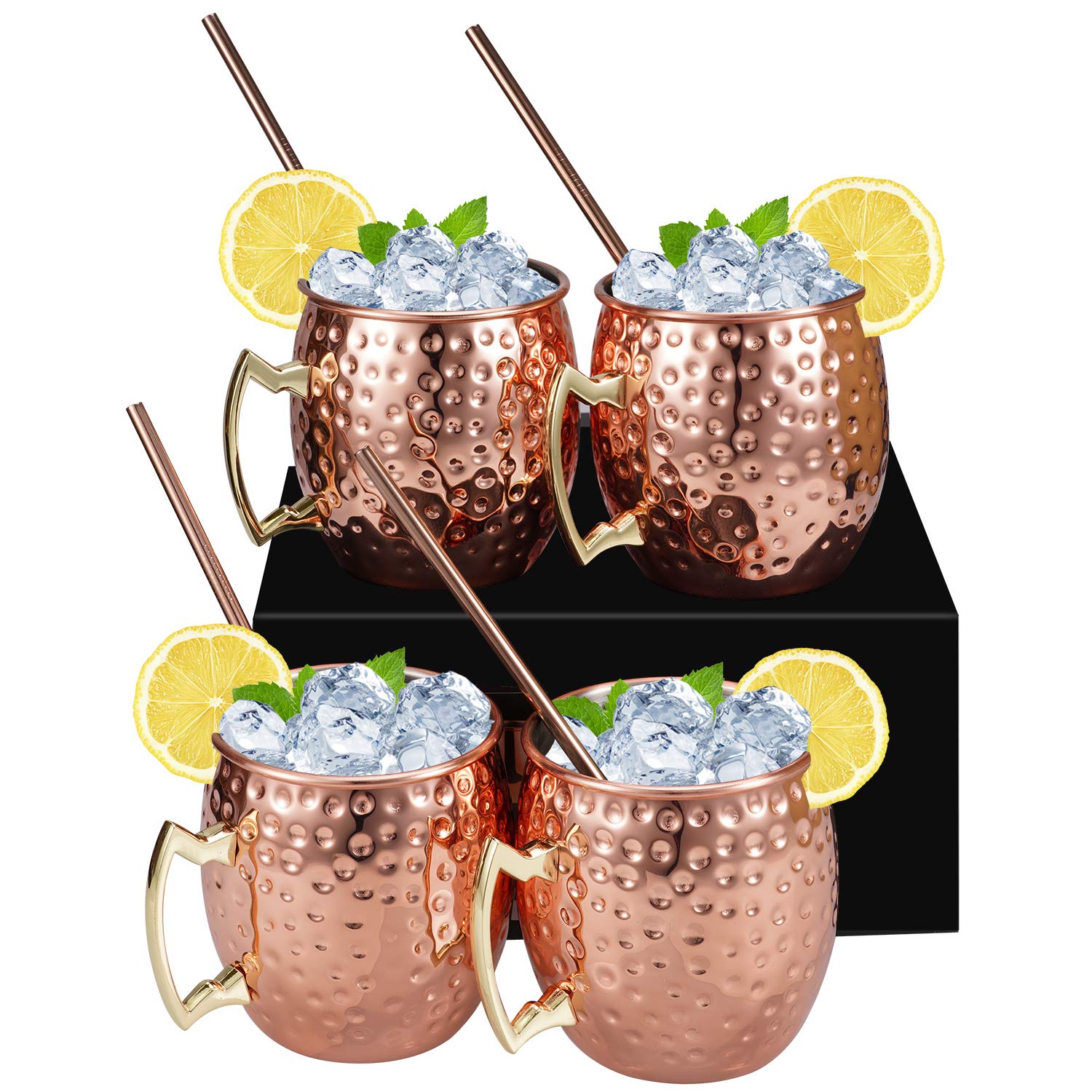SMRONAR Moscow Mule Copper Mugs - Set of 4 Handmade Copper Plated Stainless Steel Mug - 16 Oz Solid Copper Mugs with 4 Cocktail Copper Straws