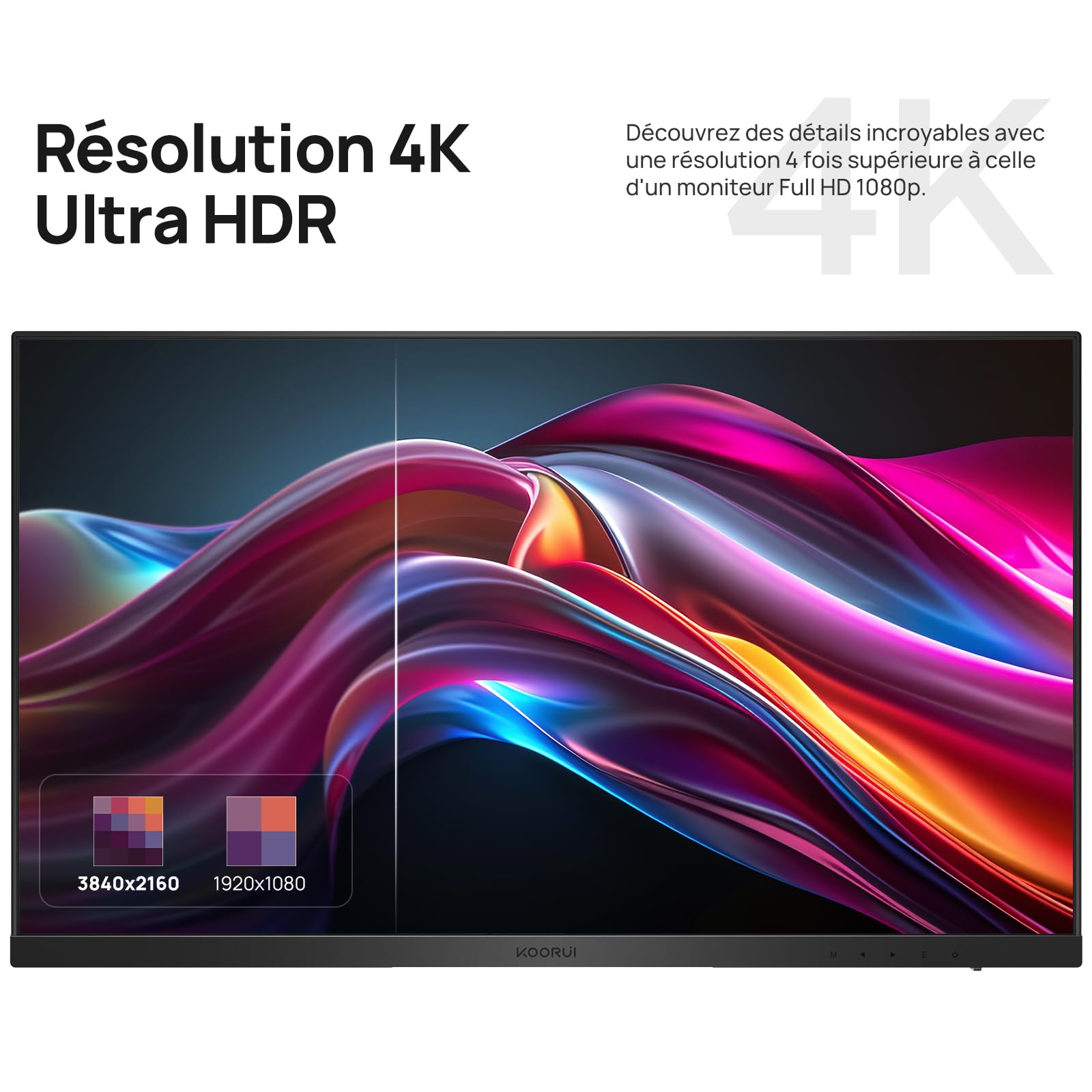 KOORUI Monitor 27 Zoll, 4K PC Bildschirm UHD(3840x2160), IPS, 4ms, 60Hz, 2X HDMI 2.0 & DisplayPort 1.4, Adpitive Sync, HDR10, VESA 100x100mm, 90% DCI-P3, Eye Care, N07 2