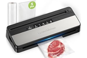 Bonsenkitchen Vacuum Sealer, Multi-Functional Food Sealer with 1 Roll Bag+ 5 Bags, Bag Storage | Built-in Cutter, Silver-Stainless steel