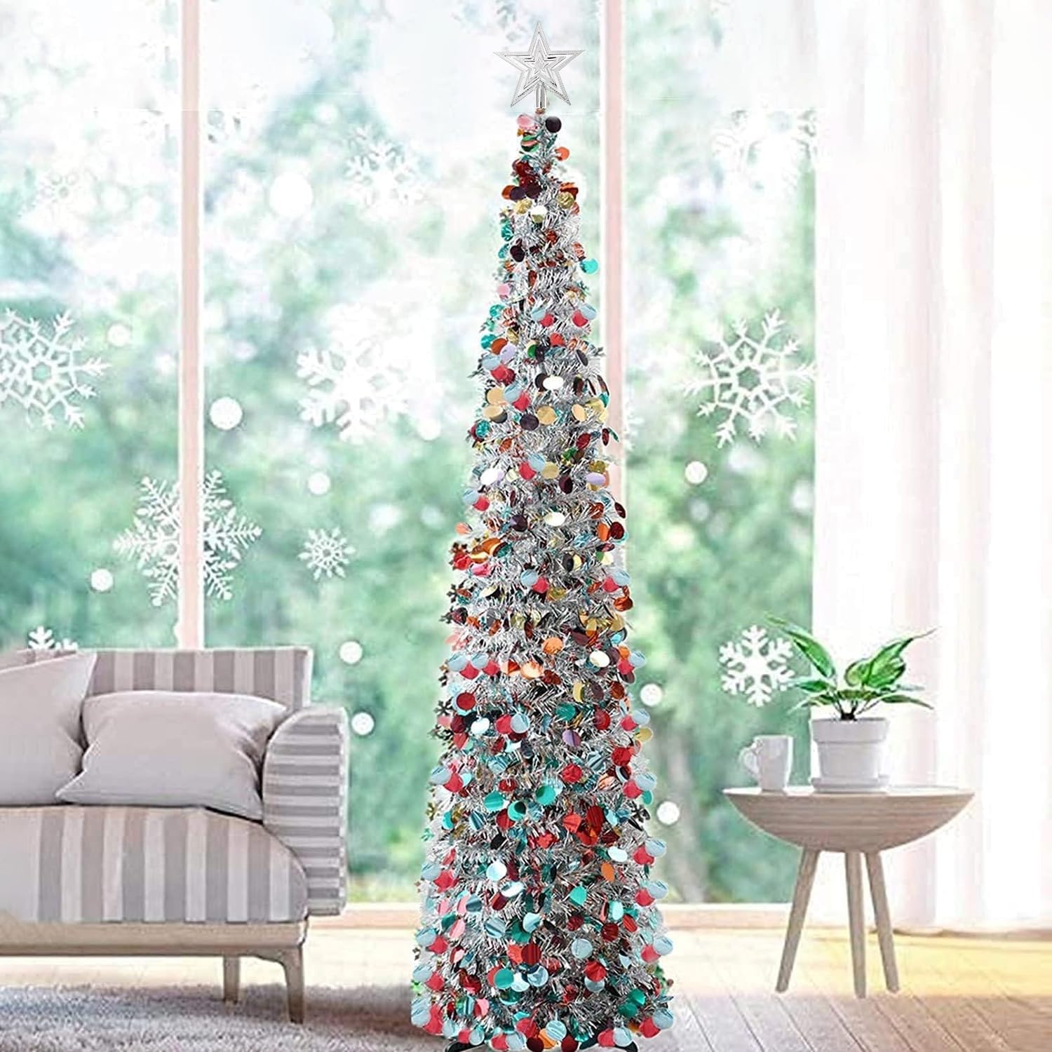 Trees - Fonder Mols Christmas Pencil Tree Silver, 5ft Collapsible Pop Up Artificial Tinsel Tree for Christmas Porch Decorations Indoor Outdoor