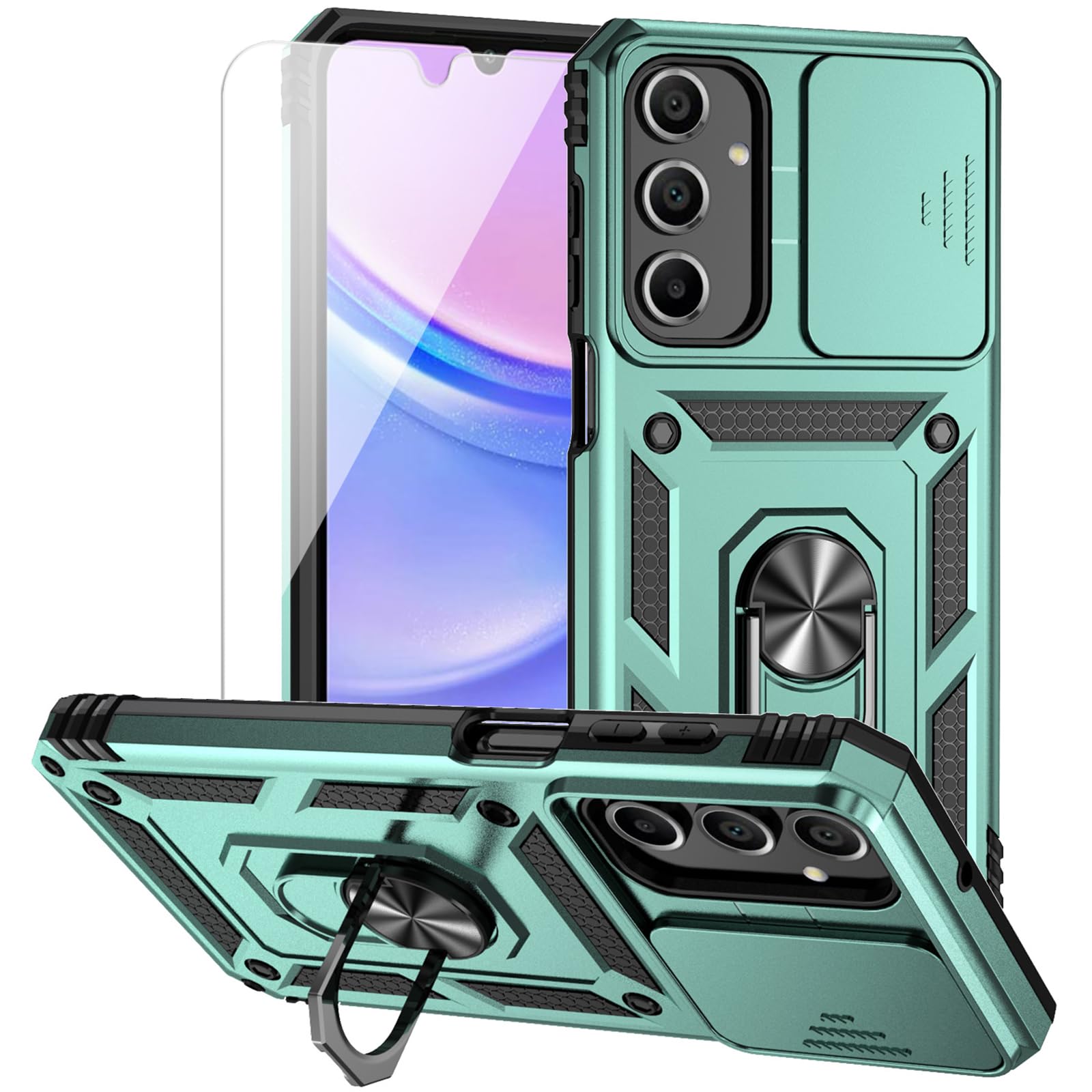 for Samsung Galaxy A16 5G Case with Camera Lens Cover HD Screen Protector, Dual Layer Military-Grade Drop Tested Magnetic Ring Holder Kickstand Protective Phone Case for Samsung A16 5G (Dark Green)