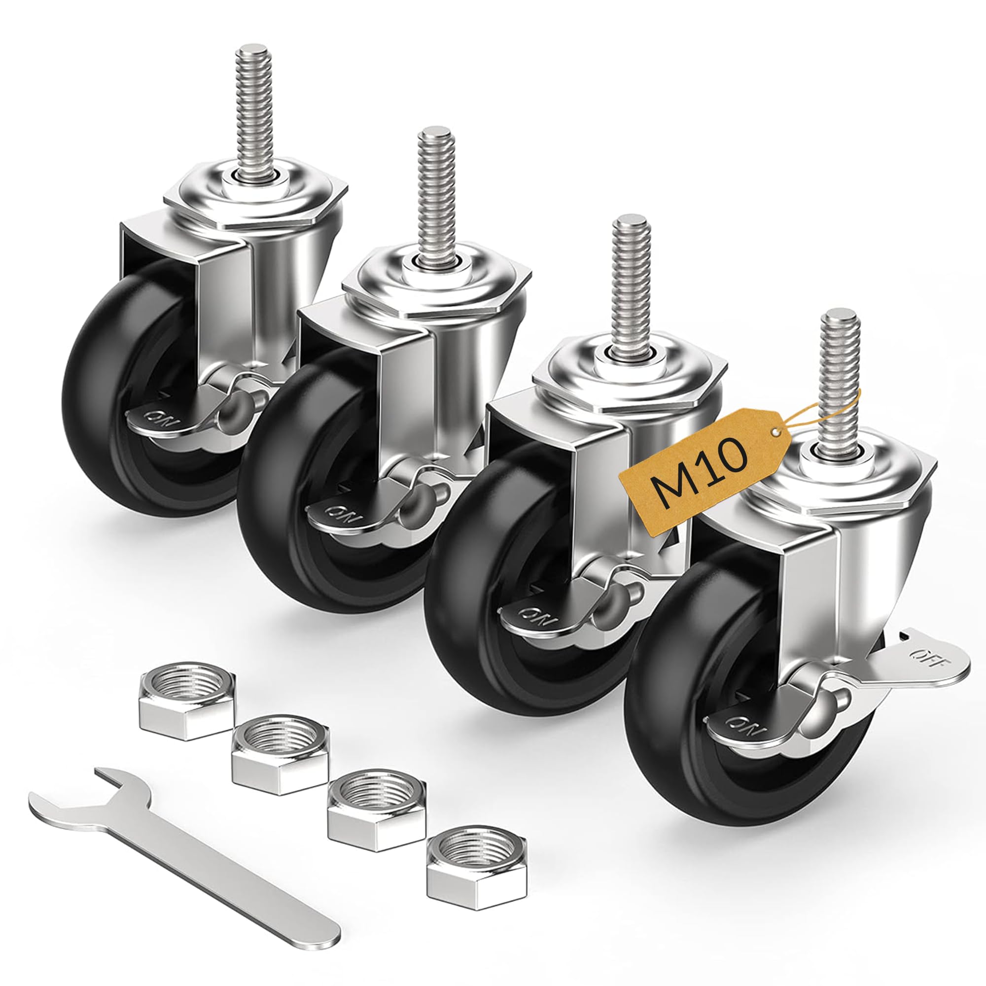 HOLKIE Castor Wheels 75mm with Brakes Set of 4 Heavy Duty, M10 x 1.5 x 30mm Threaded Stem Caster Locking Swivel Trolley Furniture Casters Black
