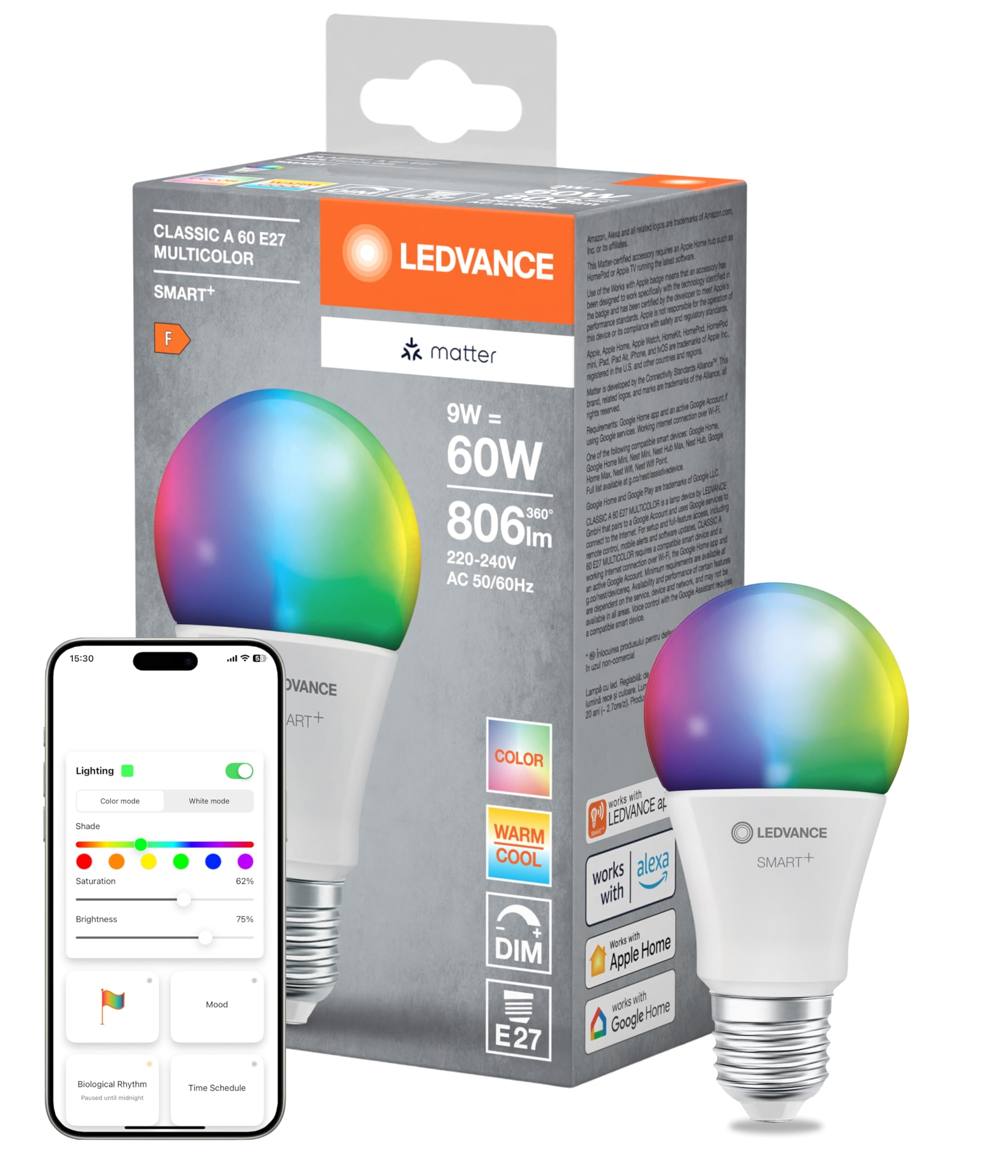 LEDVANCE Smart+ Matter LED lamp, Compatible with Google, Alexa, Apple, White Frosted Look, 9W, 806lm, E27 Base, Color Light and White Light, app or Voice Control, Life of up to 20,000 Hours