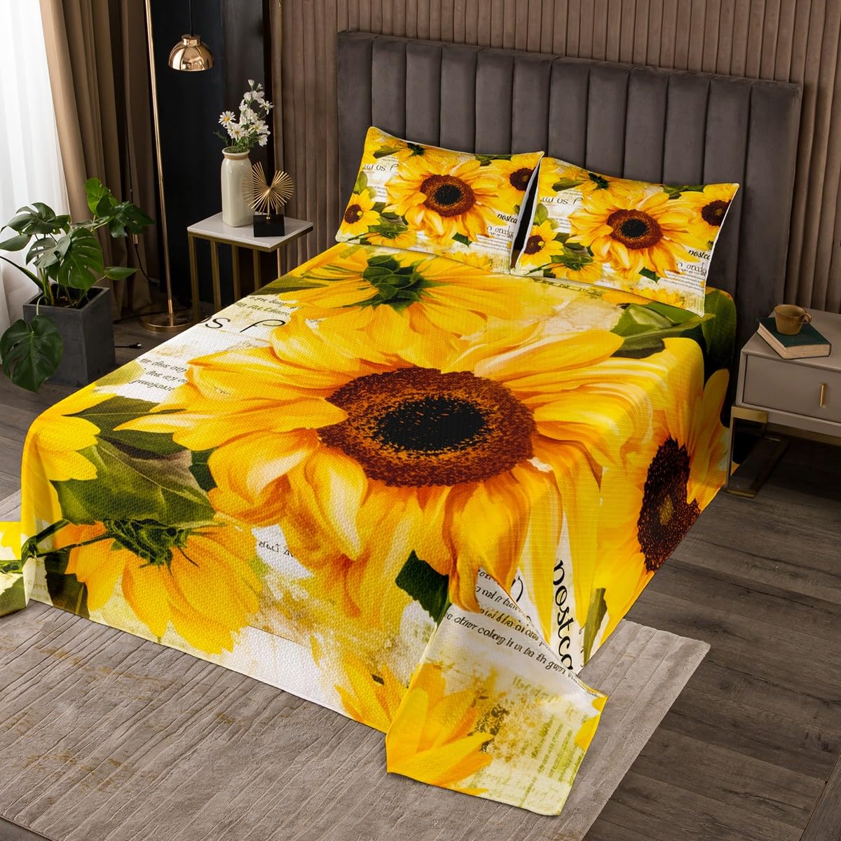 Homemissing Sunflower Coverlet Set Single Floral Print Quilted Bedspread for Kids Yellow Flowers Pattern Quilted Coverlet Teens Decor Botanical Blossom Quilted