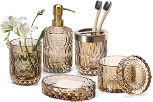 EMPO 6PCS Bathroom Clear Glass Accessories Set (Lotion Soap Dispenser, Soap Dish, Toothbrush Holder, Tumbler, Cotton Swab Jar), Contemporary Modern Decor Crystal Vintage Gift (6pcs Brown)