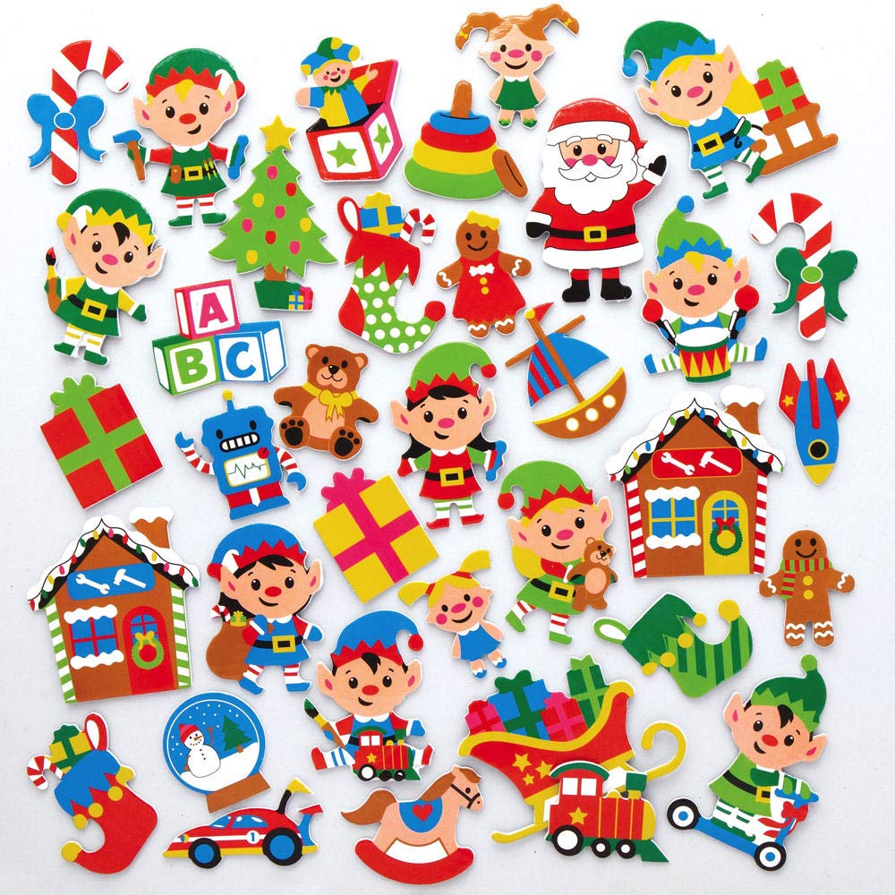 Baker Ross AX613 Santa's Workshop Foam Stickers - Pack of 200, Kids Stickers, Ideal for Christmas Crafts and Art Projects, Cards, Party Bags, and Decorations