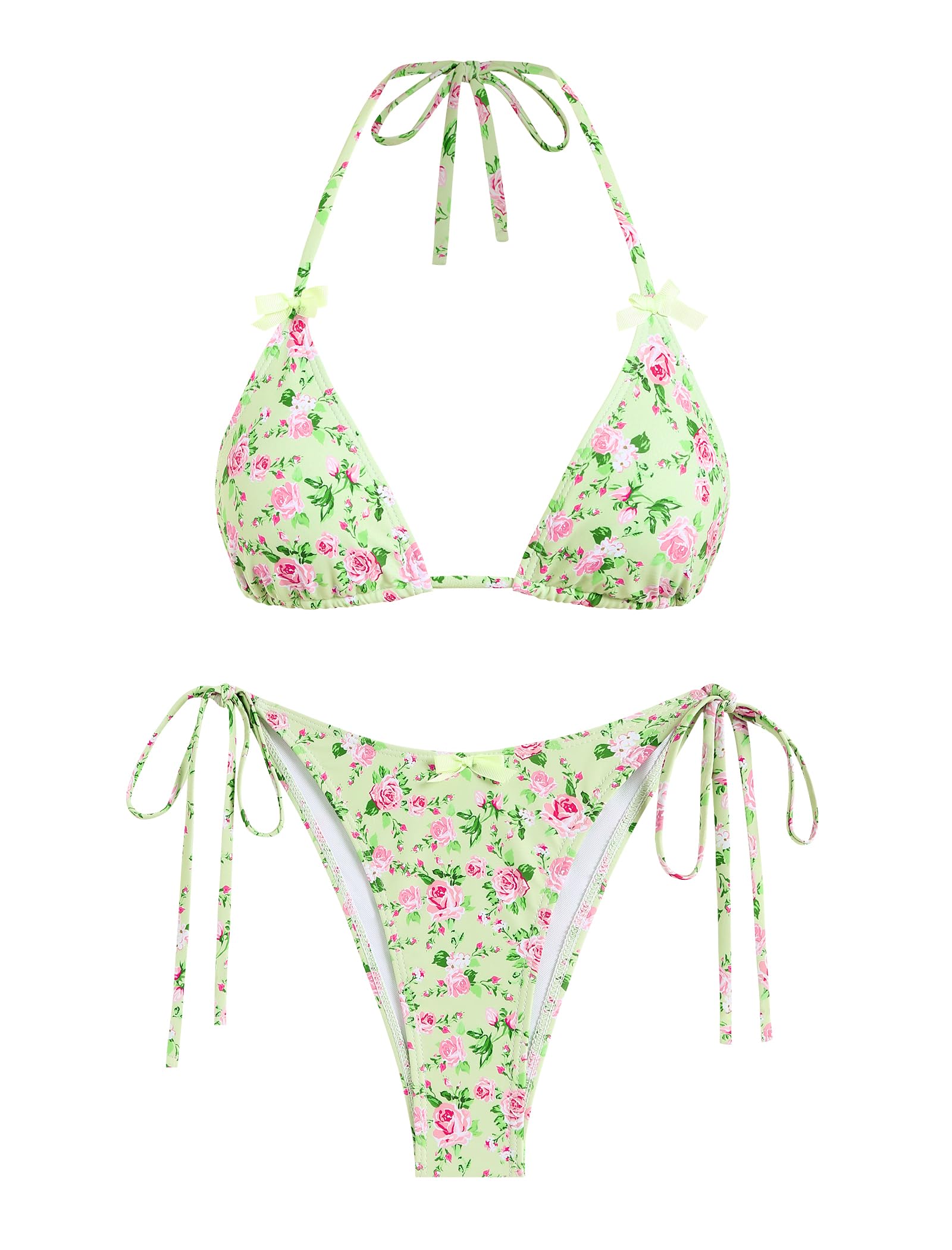 Photo 1 of ZAFUL Women's Sexy Halter Bikini Sets Bow Decor Tiny Floral Print Bikini Swimsuits Tie Side Triangle Bathing Suits(1-Light Green,M)