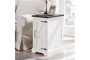 JXQTLINGMU Nightstand with Charging Station, Rectangular Farmhouse End Table with Barn Door and Adjustable Storage Shelf, 17" Deep Wood Rustic Sofa Side Table for Living Room, Bedroom, White
