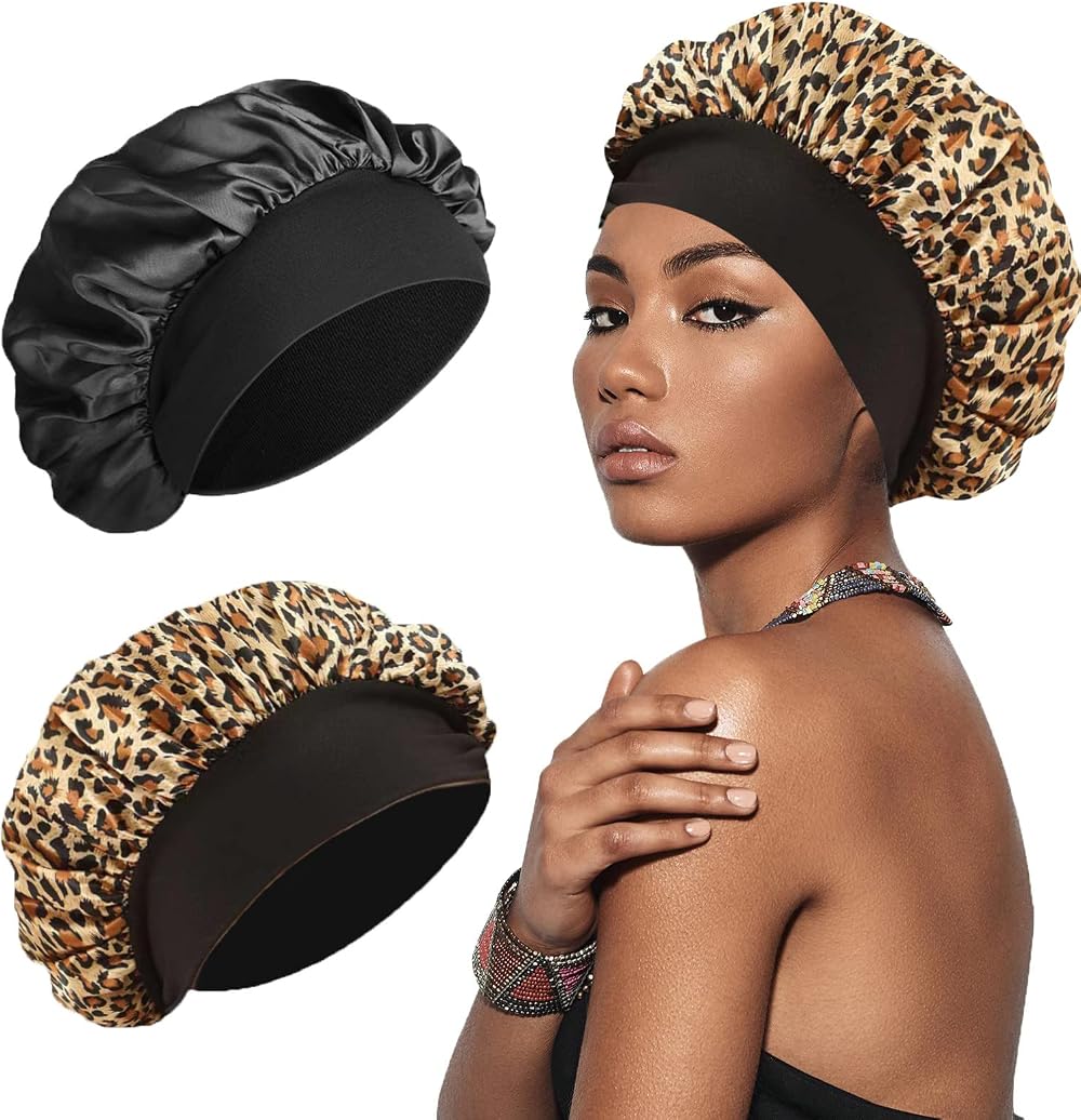 SWEET VIEW Silk Bonnet Silk Hair Wrap Sleeping Cap Black Leopard Print 2 Pack