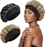 SWEET VIEW Silk Bonnet Silk Hair Wrap Sleeping Cap Black Leopard Print 2 Pack