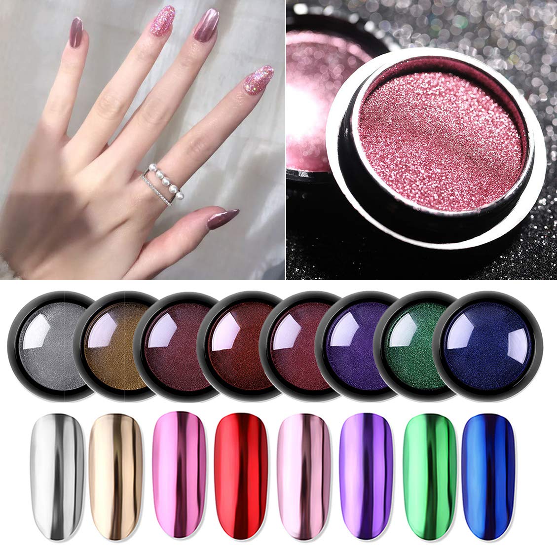 Jutao 8 Jars Holographic Nail Powder Mirror Effect Nail Art Powder for Women Metallic Chrome Nail Dipping Powder 8 Colors Manicure Pigment with 8 Pcs Eyeshadow Sticks