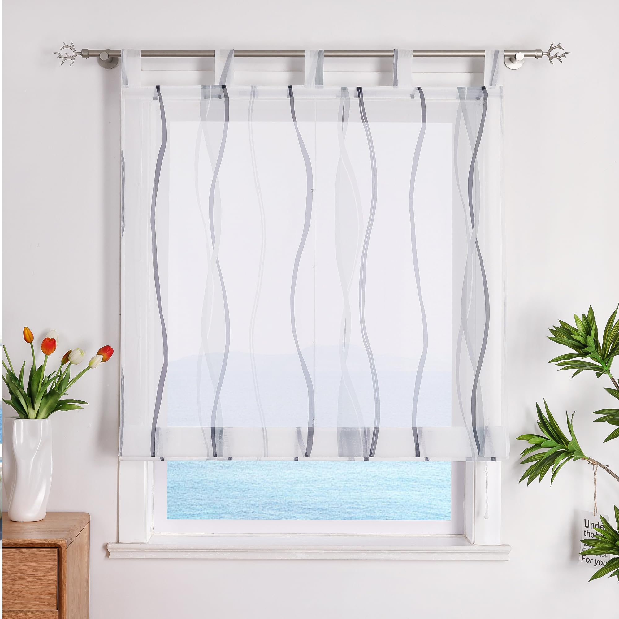 ESLIR Roman Blind with Eyelets, Kitchen Roman Curtains, Transparent Tab-Top Roller Blind Curtains with Wave Print, Modern Voile Grey, W x H 120 x 140 cm, Pack of 1