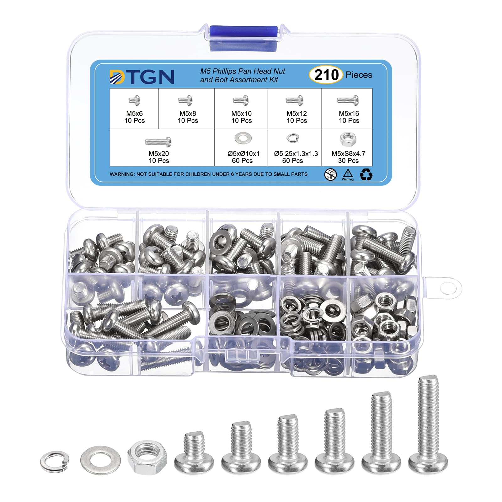 DTGN 210Pcs Machine Screws Assortment Kit, M5 Phillips Pan Head Nut and Bolt Assortment Kit, M5x6/8/10/12/16/20mm Metric Bolt Assortment, 304 Stainless Steel With Washers