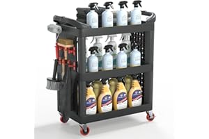 Pelnuies 3 Tier Auto Detailing Cart with Wheels, 350 LBS Capacity Detail Carts with Grooves, 2 Hanging Plate and Hooks, Car Wash Cart for Garage, Workshop, Repair Shop, BlackRed