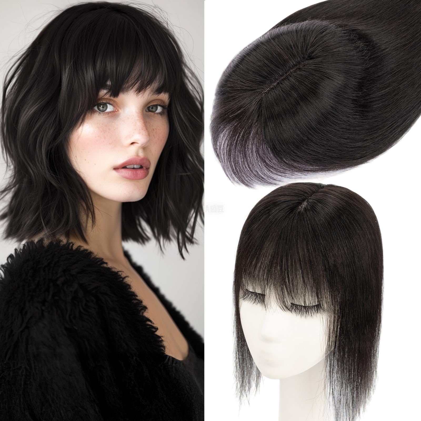 Photo 1 of Rich Choices Hair Toppers for Women Real Human Hair 360°3D Clip in Bangs 100% Remy Human Toppers with Bang for Thinning 150% Density Upgrade Extended 2"*6"Lace Base 12 Inch #1B Natural Black