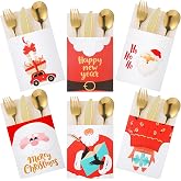 Zhanmai 48 Pcs Christmas Silverware Holders Santa Pockets for Party Decor | Laminated Cardboard Flatware Bags, 6 Festive Patterns with Reindeer Truck, Tableware Organizers for Holiday Dining