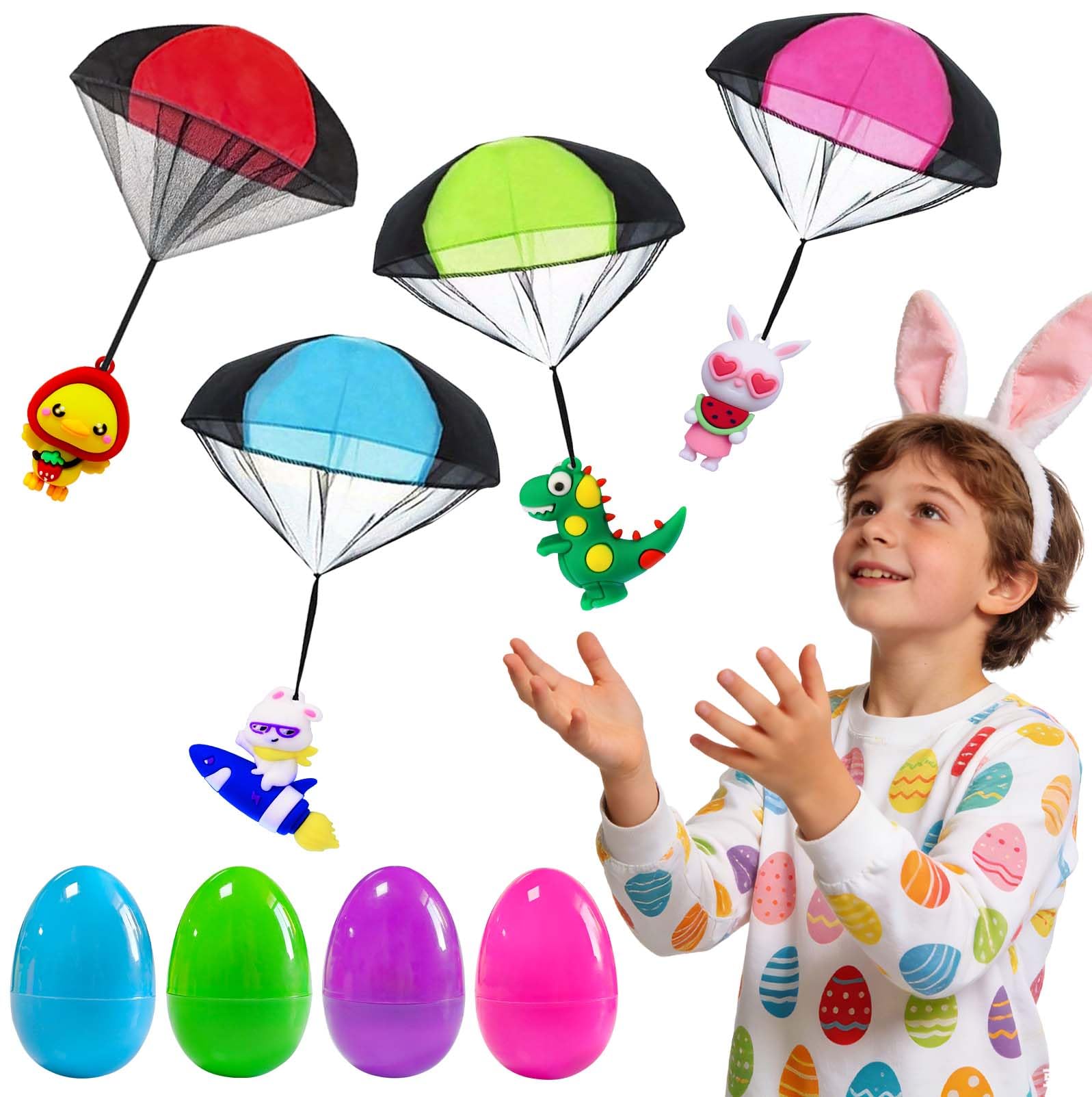 Easter Egg Fillers & Basket Stuffer Essentials for Teens Kids - 4Pack Prefilled Easter Eggs with Parachute Toys, Treasure Box Toys for Classroom Boys Girls, Egg Hunt Party Supplies, Carnival Prizes