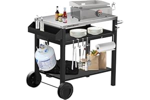 PariBroiL Outdoor Grill Table Grill-Cart: 3-Shelf Stainless Steel Outdoor Pizza Oven Table for Ooni, Grill Stand for Ninja Woodfire, Blackstone Griddle & Weber Q Grill, Movable Prep Table w/Wheels