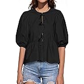 Tankaneo Womens Tie Front Tops Summer Peplum Babydoll Puff Short Sleeve Blouse Cute Cotton Shirts