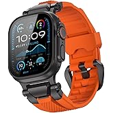 ULTIMAL Sport Band for Apple Watch 49mm/46mm/45mm/44mm, Soft TPU Strap with Stainless Steel Buckle & Connectors, Sweat-Resistant, Easy to Clean, Fits 155-225mm Wrist, for Apple watch Ultra 3/2/1, SE 3/2/1, Series 11/10/9/8/7/6/5/4 (Black/Orange)