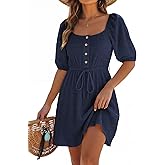 Dokotoo Women's Square Neck Puff Sleeve Dress Casual Summer A-Line Mini Dress with Belt